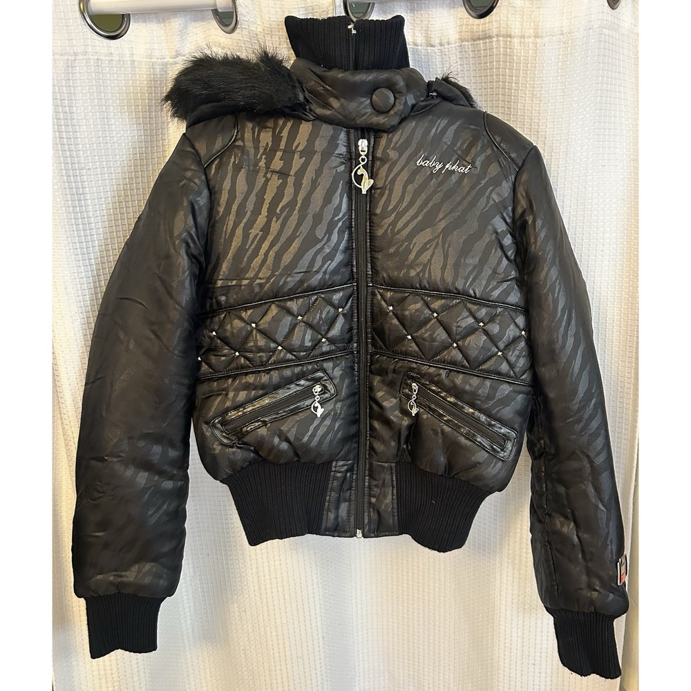 VTG Y2K Baby Phat Black Hooded Puffer Jacket Faux Fur Trim S Hip Hop